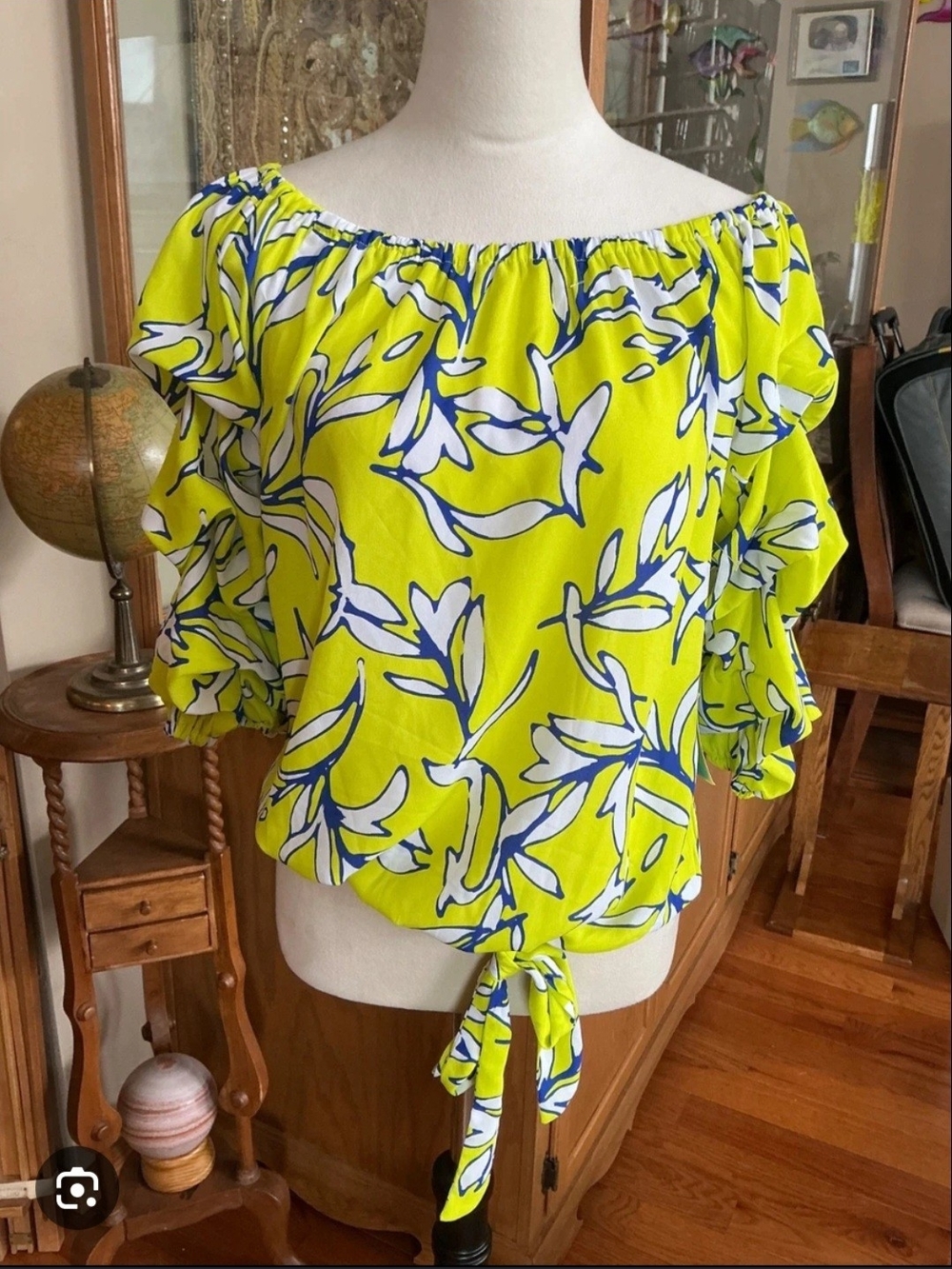 CeCe Neon Yellow Floral Off-Shoulder Tie-Front Blouse
